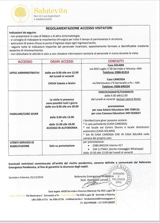 REGOLE DI ACCESSO VISITATORI DAL 1 DICEMBRE 2024